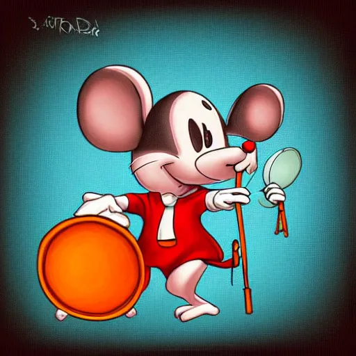 Prompt: cartoon mouse with drum, forrest background, digital art, close up