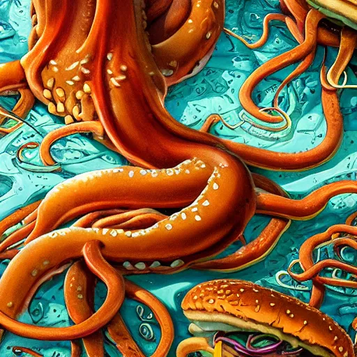 Prompt: a beautiful ultra detailed anatomical illustration of a giant squid holding many burgers, tentacles wrapped around burgers, artstation, 8 k