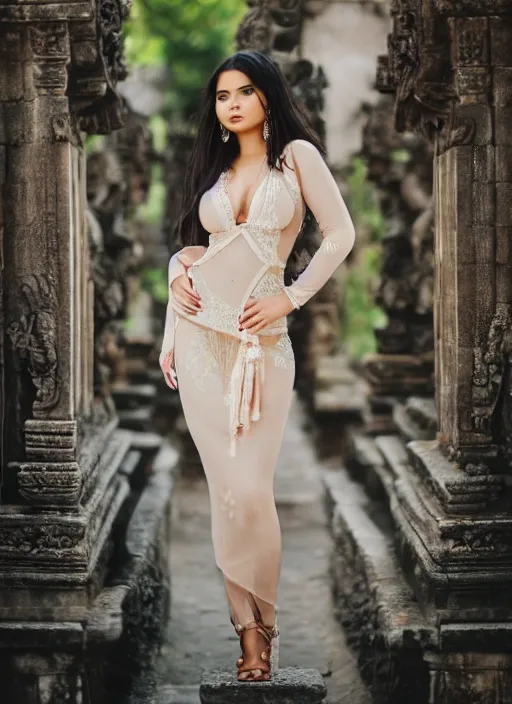 Prompt: portrait of demi rose wearing kebaya in bali temple, by charlotte grimm, natural light, detailed face, beautiful features, symmetrical, canon eos c 3 0 0, ƒ 1. 8, 3 5 mm, 8 k, medium - format print, half body shot