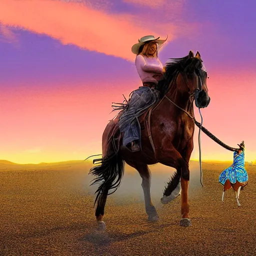 Prompt: a dodgy cowgirl wrangles her horse in a dusty old town in the old west, jumpy horses in the nearby hills, a sunset over the range, digital art