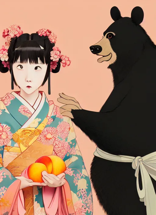 Image similar to painting of a girl wearing a kimono giving a peach to a large anthropomorphic asian black bear, featured in artstation, artgerm, octane render, cinematic, elegant, intricate, 8 k, close up, in the style of studio ghibli and heikala and alphonse mucha,