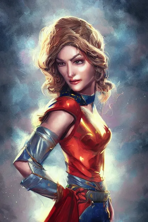 Image similar to three quarters portrait of a beautiful woman,super hero costume,heroic pose,highly detailed, digital painting,illustration, art by Stanley Lau