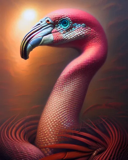 Image similar to a detailed portrait of dreampunk flamingo python hybrid mix by tomasz alen kopera and peter mohrbacher