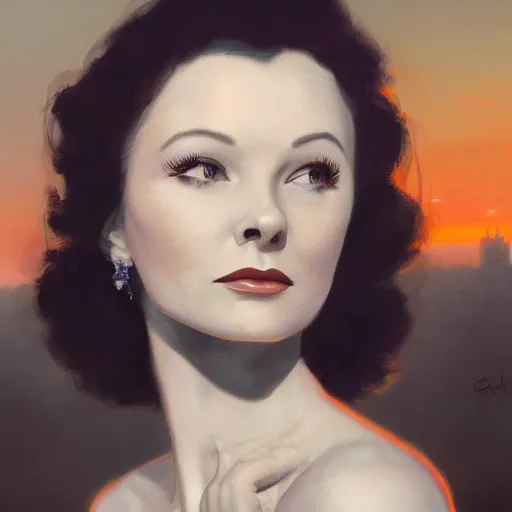 Prompt: a closeup portrait of a young vivian leigh, 1 9 7 0 s, city background, gorgeous view, sunset, film noir, depth, by seb mckinnon, by greg rutkowski, by igor kieryluk, digital art, trending on artstation