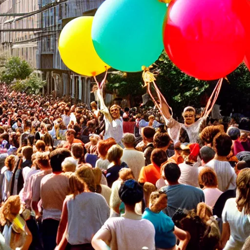 Prompt: A large group of people parading through the street holding lots of balloons, calm afternoon, natural lighting, 1990s