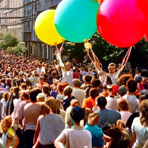 Image similar to A large group of people parading through the street holding lots of balloons, calm afternoon, natural lighting, 1990s