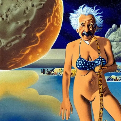 Image similar to Albert Einstein in a Bikini eating a Big Mac on the moon, high details, dali, comic, illustration