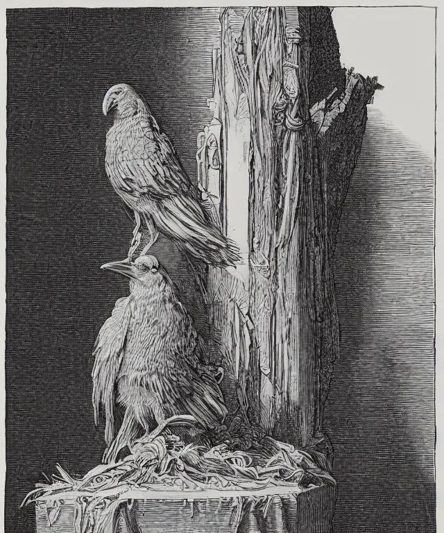 Prompt: raven sitting on a bust of pallas above a door, art by james o barr and albrecht durer and gustave dore, woodblock print, engraved, black and white, vector, vector art