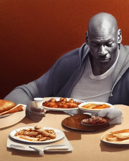 Image similar to micheal jordan eating at panera bread, hyper realistic, ambient lighting, concept art, intricate, hyper detailed, smooth, volumetric lighting, octane