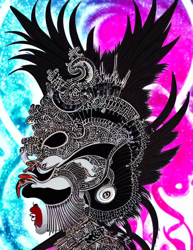 Image similar to 3 d goddess close - up profile portrait punk with mohawk with ram skull. beautiful intricately detailed japanese crow kitsune mask and clasical japanese kimono. betta fish, jellyfish phoenix, bio luminescent, plasma, ice, water, wind, creature