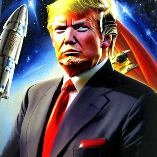 Image similar to a portrait of a donald trump as the enterprise, star trek the next generation, space battle. highly detailed painting by gaston bussiere, craig mullins, j. c. leyendecker, furry