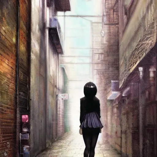 Image similar to a perfect, beutiful, realistic professional oil painting of a Japanese schoolgirl posing in a dystopian alleyway, style of Marvel, full length, by a professional American senior artist on ArtStation, a high-quality hollywood-style concept