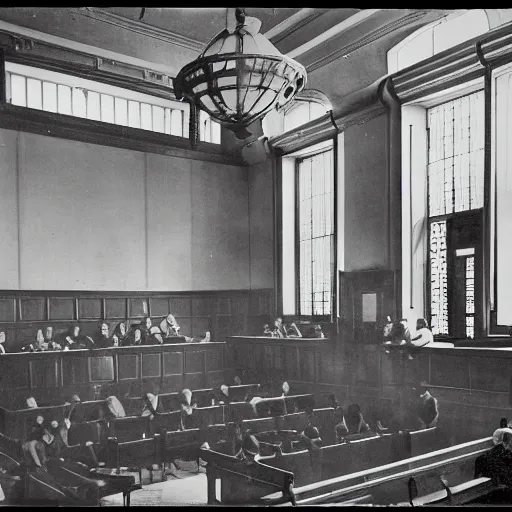 Image similar to an image of a civic criminal court, in a medium full shot, russian and japanese mix, high - key lighting, warm lighting, overcast flat midday sunlight, a vintage historical fantasy 1 9 1 5 photo from life magazine, professional cooperate, the new york times photojournalism.