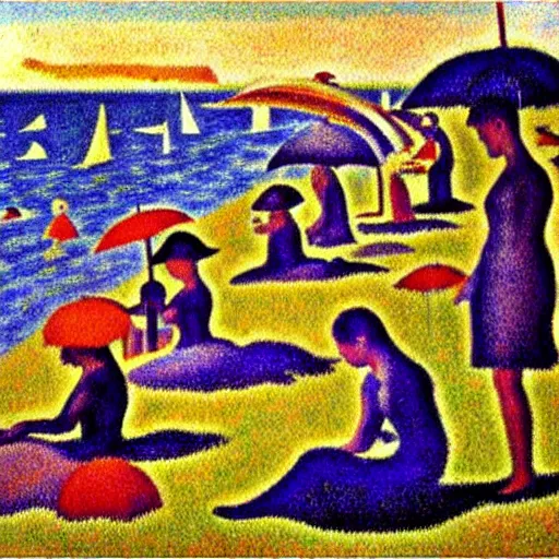 Prompt: Stunning post-impressionist painting of a day at the beach by Georges Seurat