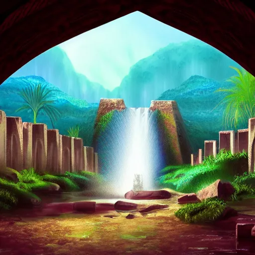 Prompt: a waterfall in the interior of a ancient arabian structure, epic retrowave art, trending on art station