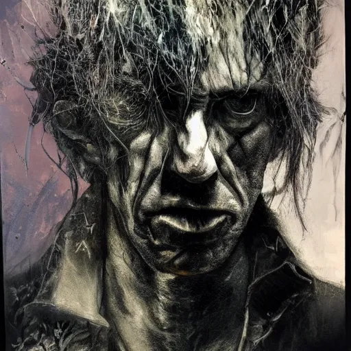 Image similar to stunning portrait of gaunt keith richards a ( the cure fan ) as dream from sandman, dim stars as eyes, by jeremy mann, by cedric peyravernay, by by russ mills, by richard avedon and ben templesmith, dramatic lightning, sadness, dark eye sockets, in the shadows, punk rock, gothic, high detailed, 8 k