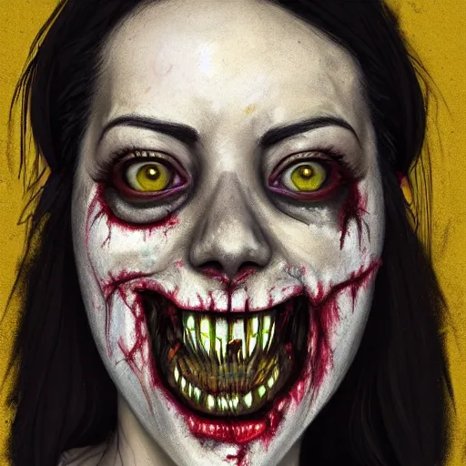 Image similar to color head portrait of aubrey plaza grinning as a zombie, 7 days to die zombie, gritty background, fine art, award winning, intricate, elegant, sharp focus, cinematic lighting, digital painting, 8 k concept art, art by michael hussar, art by brom, art by guweiz and z. w. gu, 8 k