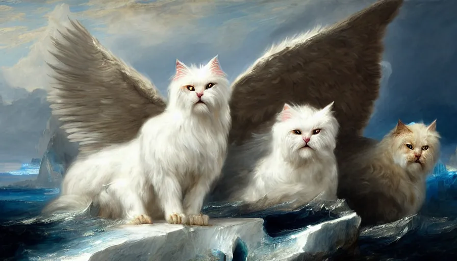 Image similar to highly detailed painting of white giant griffon cat bears with large feathered wings on a blue and white iceberg by william turner, by greg rutkowski, by william constable, thick brush strokes and visible paint layers, 4 k resolution