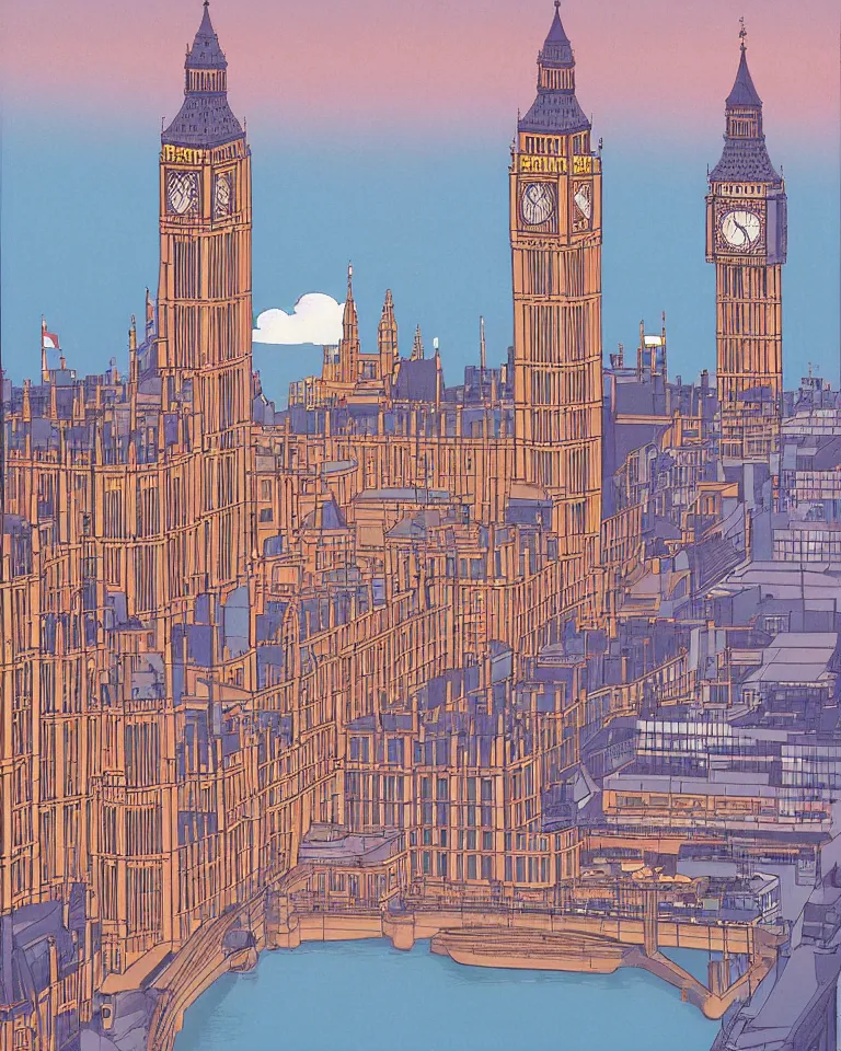 Image similar to city of london, london bridge, big ben, art by hiroshi nagai