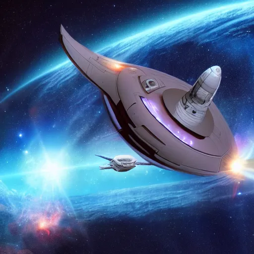 Prompt: A Star Trek spaceship drifitng in space against a nebula background