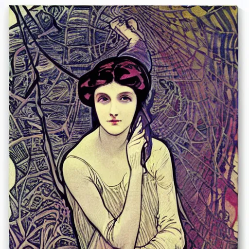 Image similar to a girl with a spider, colored woodcut, flat pastel colors, by Mackintosh, by Alfons Mucha, art noveau, by Gustave Dorè