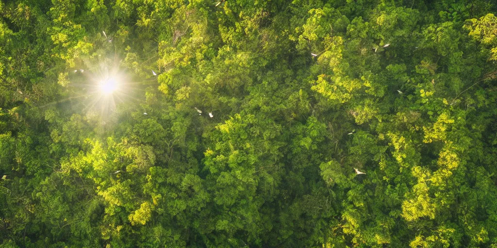 Image similar to view of sunlit rainforest treetops with flying birds, photograph, 4 k