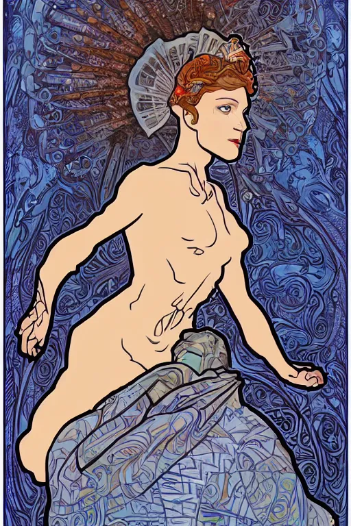 Image similar to delores from westworld in blue dress as a goddess of cyborg in alfons mucha style