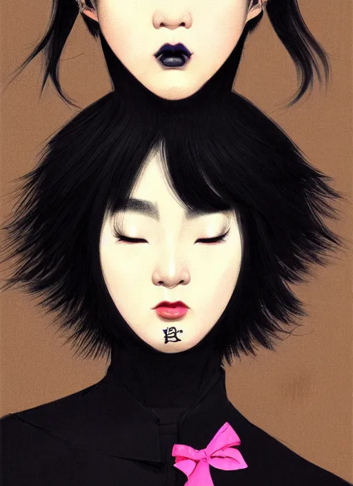 Image similar to portrait of a plump japanese woman with a crooked nose and a confident expression, 1 9 6 0 s, black clothes, goth, punk, brightly coloured hair, funk, intricate, elegant, highly detailed, digital painting, artstation, concept art, smooth, sharp focus, illustration, art by wlop, mars ravelo and greg rutkowski