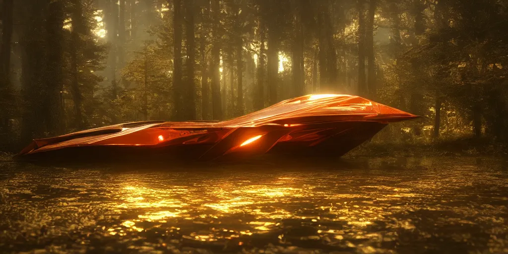 Prompt: futuristic giant starship, in the woods, puddles of water, stunning volumetric lighting, sundown, trending on Artstation, 8k, photorealistic, hyper detailed, unreal engine 5, cinematic, epic lighting, cryengine, octane render, cyberpunk, red and orange glow, dark, gloomy