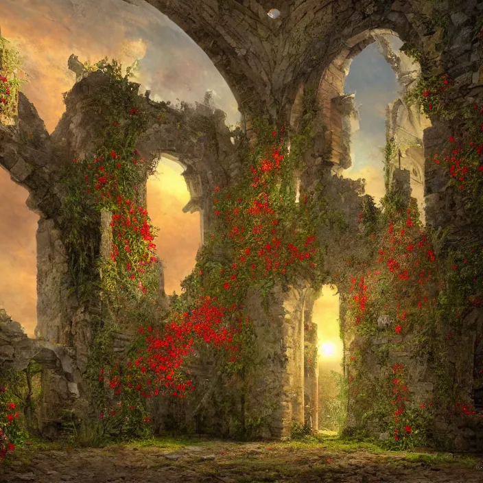 Image similar to a interior photo of a ruined church with a lot of red flowers growing inside at sunset, godrays, complementary colors, concept art, DeviantArt, Ferdinand Knab, beautiful, 8K,highly detailed, high quality