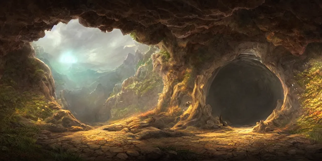 Image similar to beautiful matte painting of a fantasy cave entrance