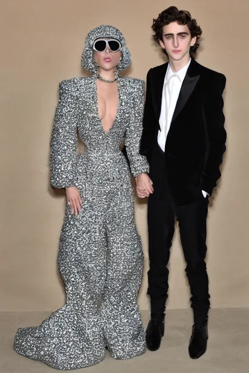 Image similar to timothee chalamet and lady gaga holding hands posing together, beautiful detailed faces, highly realistic, paparazzi photo, canon eos, featured, flash lighting