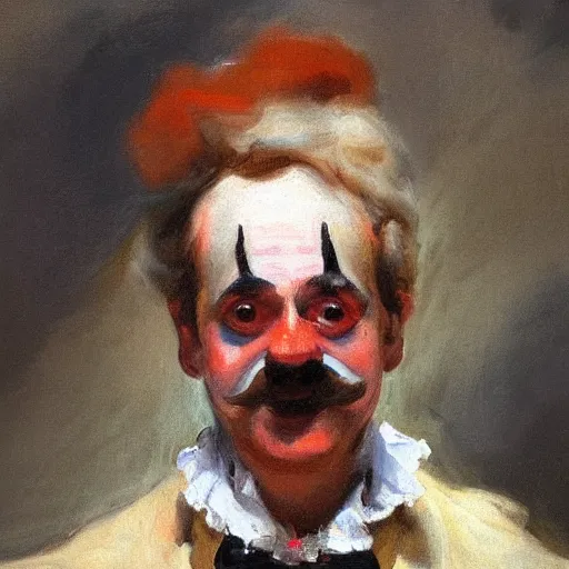 Image similar to detailing character concept portrait of clown by John Singer Sargent, on simple background, oil painting, middle close up composition