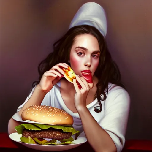 Image similar to portrait of Barbara Bush eating hamburgers, extra onions and ketchup, luscious patty with sesame seeds, feminine ethereal, handsome, D&D, fantasy, intricate, elegant, highly detailed, digital painting, artstation, concept art, matte, sharp focus, illustration, art by Artgerm and Greg Rutkowski and Alphonse Mucha