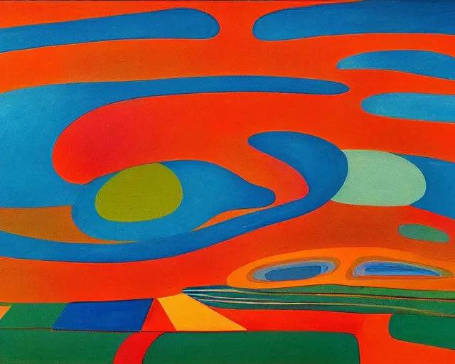 Image similar to A wild, insane, modernist landscape painting. Wild energy patterns rippling in all directions. Curves, organic, zig-zags. Saturated color. Mountains. Clouds. Rushing water. Wayne Thiebaud. Tarsila do Amaral. Zao Wou-ki.