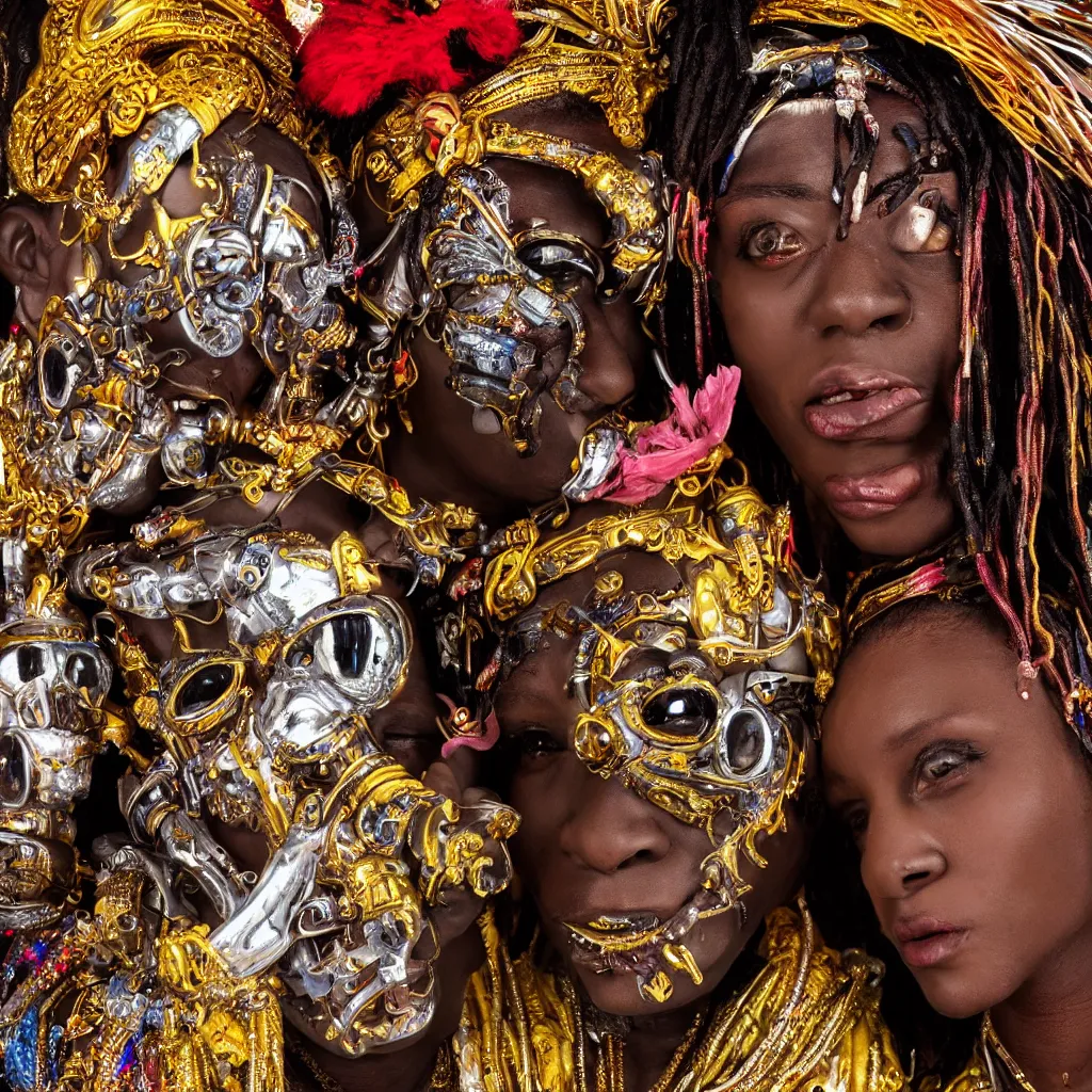 Image similar to a high-resolution color-chrome closeup portrait, hyper realistic African voodoo priest, kissing a incredible elegant alien rococo Queen, ornate jewelled, sci-fi, high-tech, beautiful low light, style Steve McCurry Octane render 8k