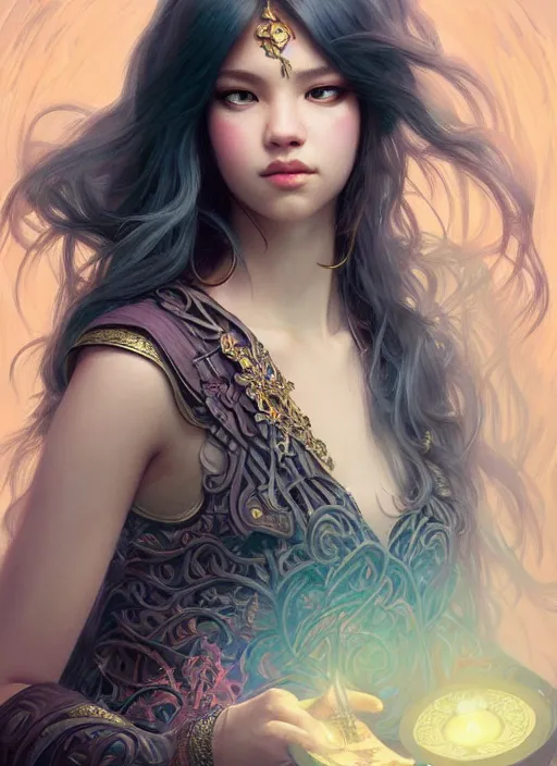 Prompt: jossi of blackpink, deep focus, tarot card, fantasy, intricate, elegant, highly detailed, digital painting, artstation, concept art, matte, sharp focus, illustration, hearthstone, art by artgerm and greg rutkowski and alphonse mucha