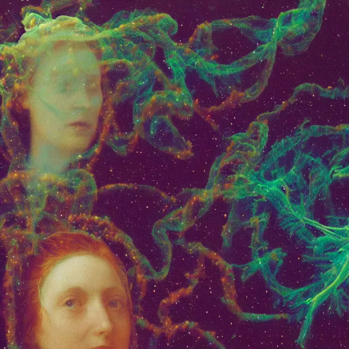 Prompt: a closeup portrait of a cloaked woman floating next to an eel nebula, eel nebula, early netherlandish painting