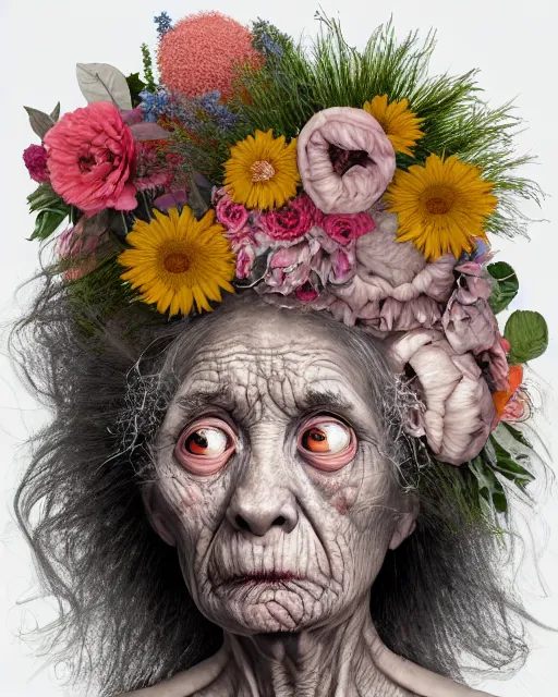 Image similar to a portrait of a surprised, fleshy old woman covered in flowers in the style of guiseppe arcimboldo and james jean, covered in wispy gray hair with a hint of neon, hd 3 d, highly detailed and intricate. centred in image.