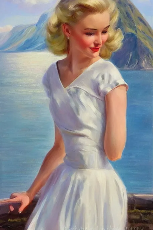 Image similar to 1950s beautiful!!! blonde looking over a Norwegian fjord, aesthetic!!! painting by Vladimir Volegov