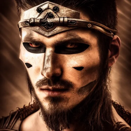 Image similar to portrait of a male warrior with half face-half mask ,fantasy, D&D, HDR, natural light, dynamic pose, award winning photograph, 8k, Mucha style,