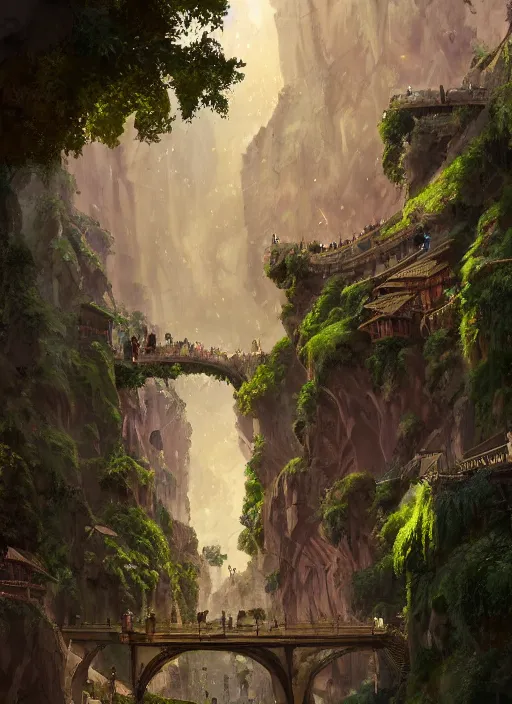 Image similar to medieval city built on terraces in a gigantic canyon, lots of buildings connected by hanging bridges, waterfalls, warm glow coming from the ground, lush vegetation, pitchblack sky, extremly detailed digital painting, in the style andreas rocha and greg rutkowski, 8 k, stunning scene, octane, trending on artstation