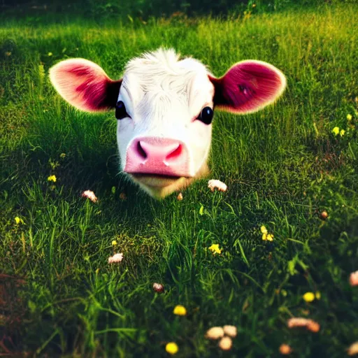 Image similar to very very very very cute chibi baby cow, portrait, pixar style, happy meadow background, cinematic lighting, award winning creature portrait photography