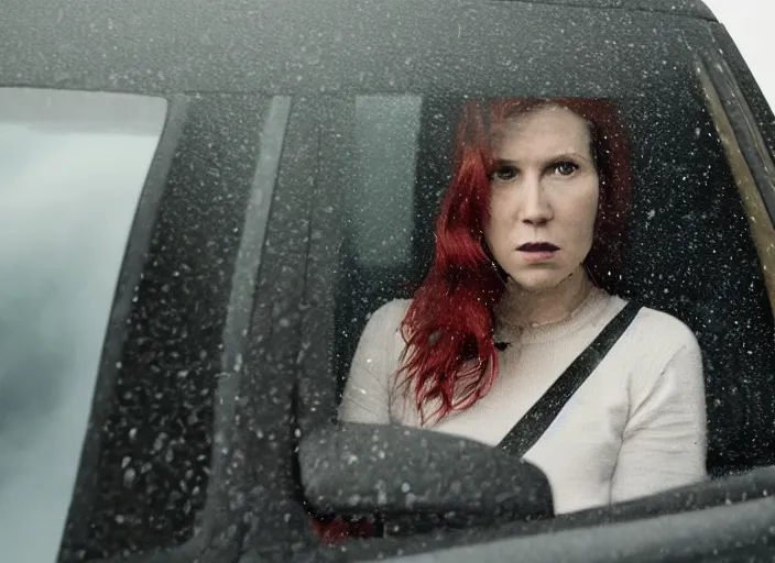 Image similar to A very high resolution image from a new movie, inside of a car, red hair woman, raining, hot, directed by wes anderson