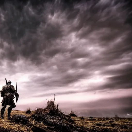 Prompt: war, pyrrhic war, loner, battlefield scene, dramatic lighting, ultra hd, hdr, 8 k