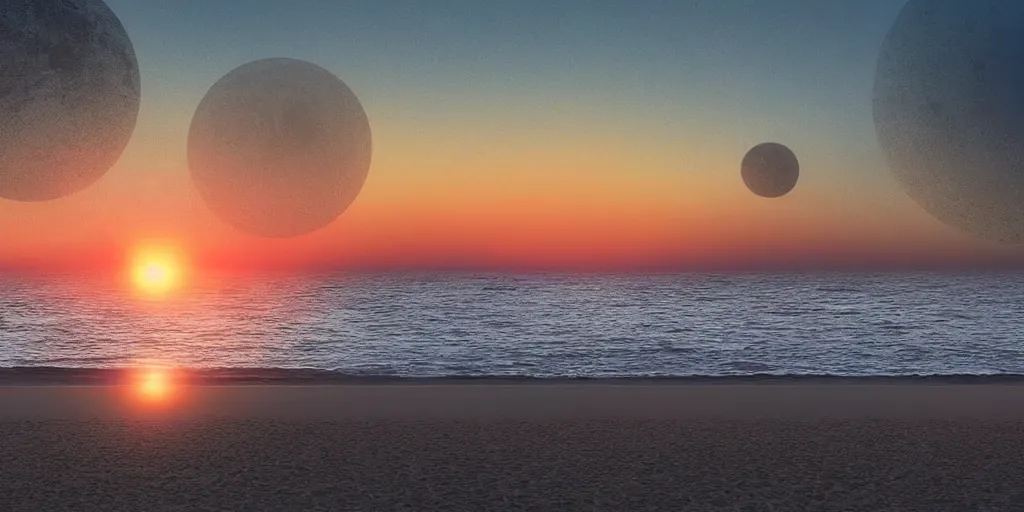 Image similar to a high detail photograph of a sunset at a beach in a cyberpunk world with two moons, realism, 8 k, award winning photograph