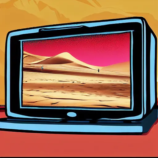 Prompt: Two robots are watching TV in desert, digital art.