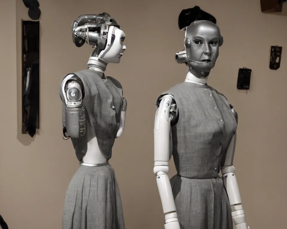 Image similar to rear view of a realistic humanoid female robot wearing 1950s style women clothing, close view