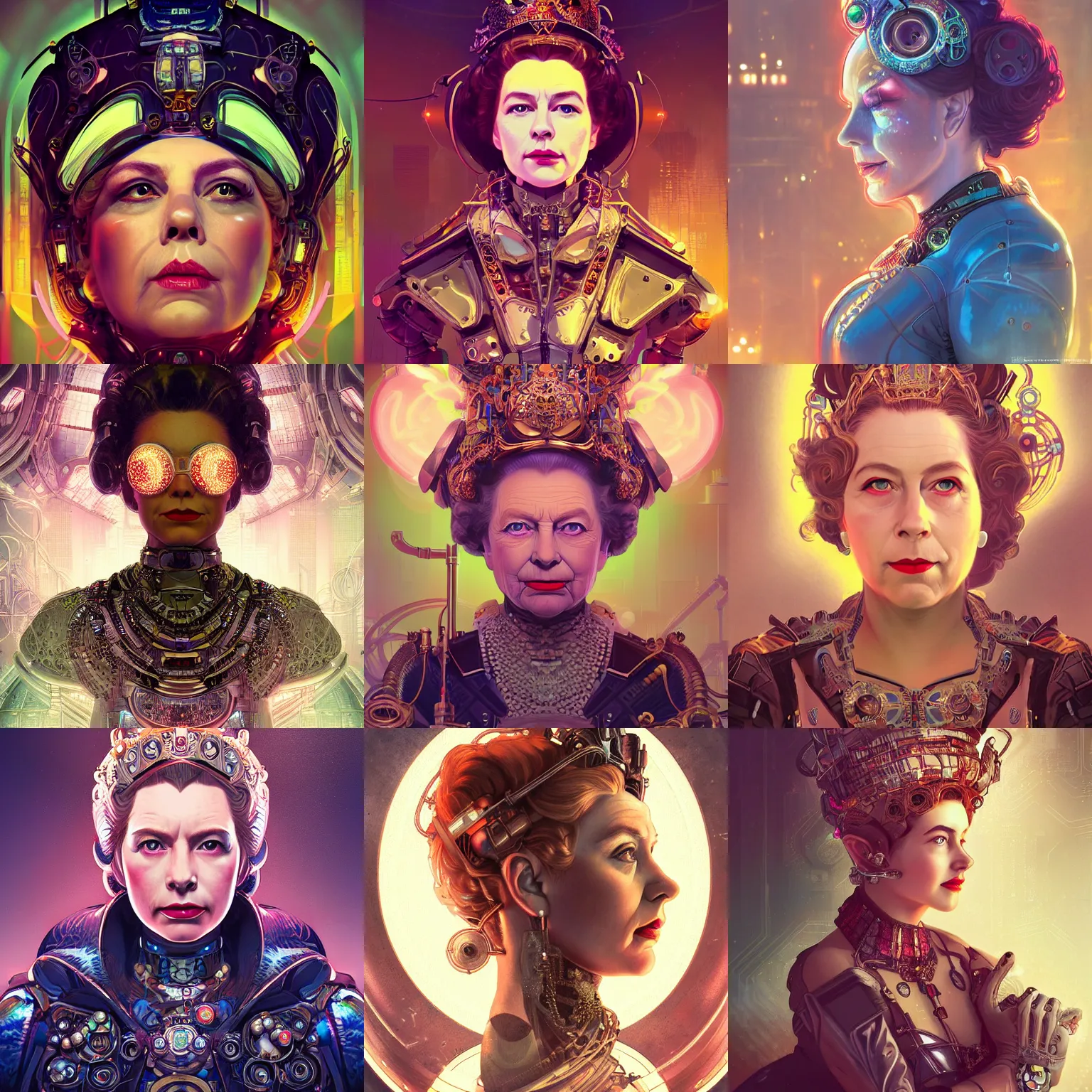 Prompt: portrait futuristic queen elizabeth ii steampunk half - cyborg, neon light rooftop, fantasy, intricate and very very beautiful and elegant, highly detailed, digital painting, artstation, concept art, smooth and sharp focus, illustration, art by tan zi and ayanamikodon and alphonse mucha and wlop