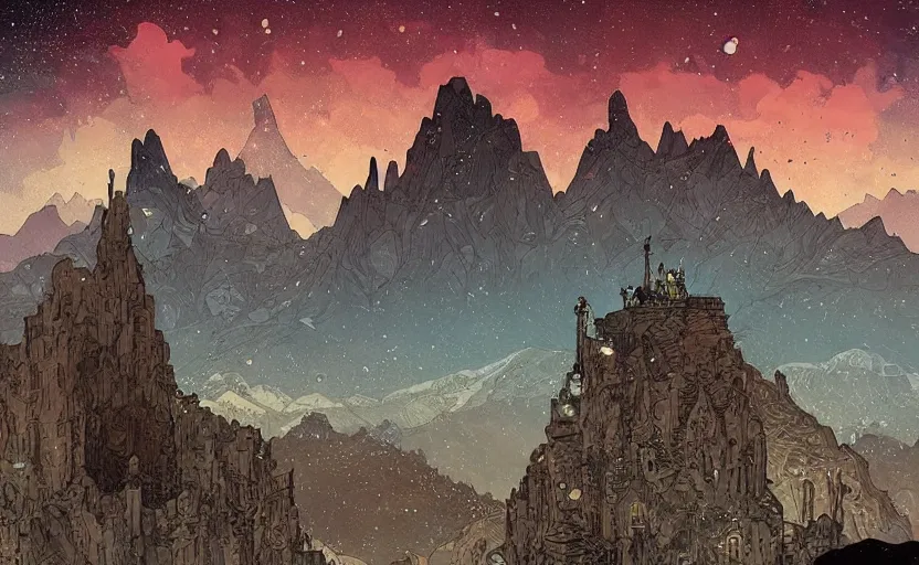 Prompt: mountains, stars and paisley filled sky, artstation, intricate, highly detailed, digital painting, concept art, sharp focus, illustration by Enki Bilal and Alphonse Mucha